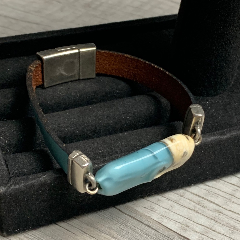 Artisan Teal Leather Lampwork Glass Wave Bead Magnetic Clasp Bracelet 6.75"